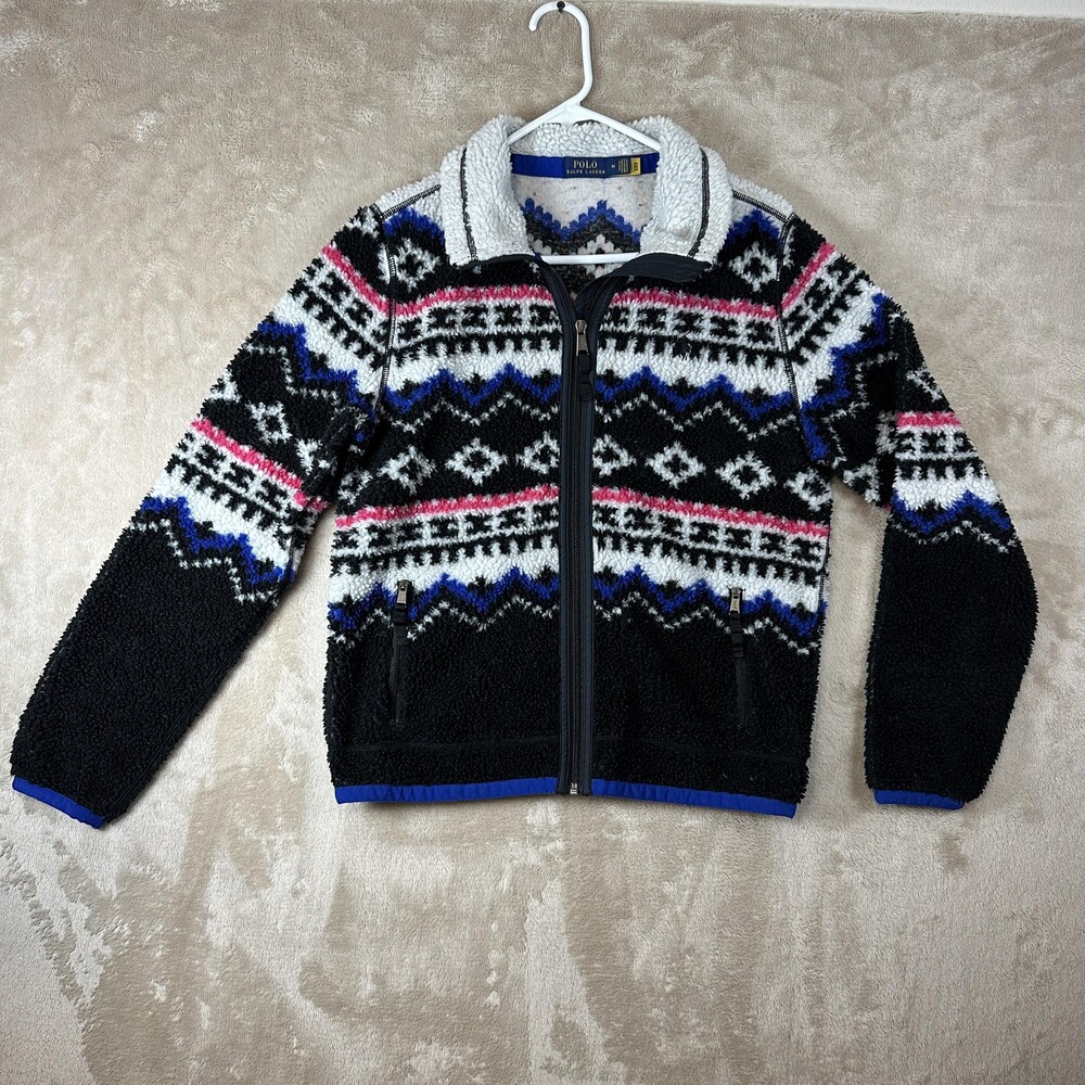 Polo Ralph Lauren Jacket Mens Medium Black Sherpa Fleece Fair Isle Full Zip